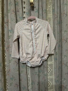 Janie and Jack Gingham Rash Guard One Piece 12-18M Peach EUC